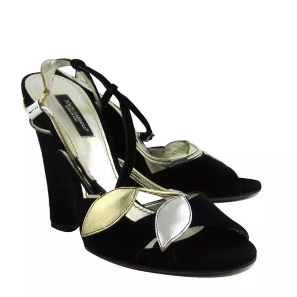 Dolce Gabbana black floral suede wedge size 38